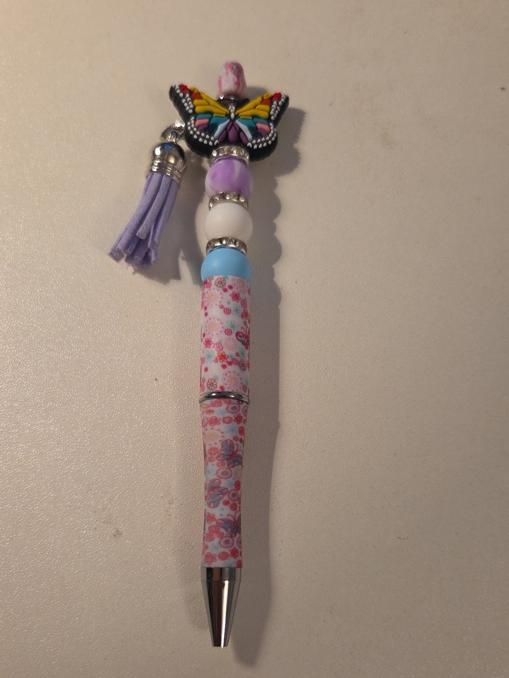 Decorative Butterfly Bead Ballpoint Pen - Purple Floral Design
